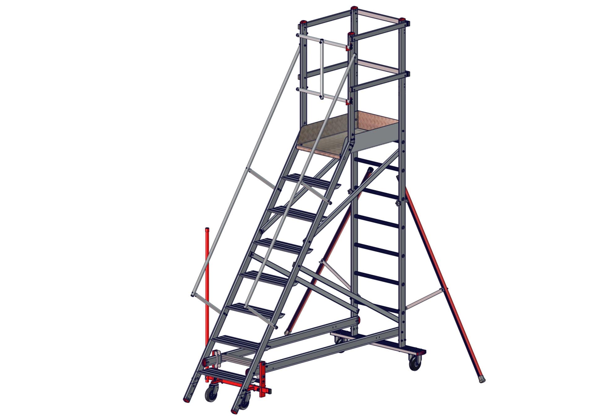 F051050008_EMG_55_8marches_KIT_LEVIER150121 Vue de l'escabeau EMG55 8 marches avec kit levier pour déplacements facilités