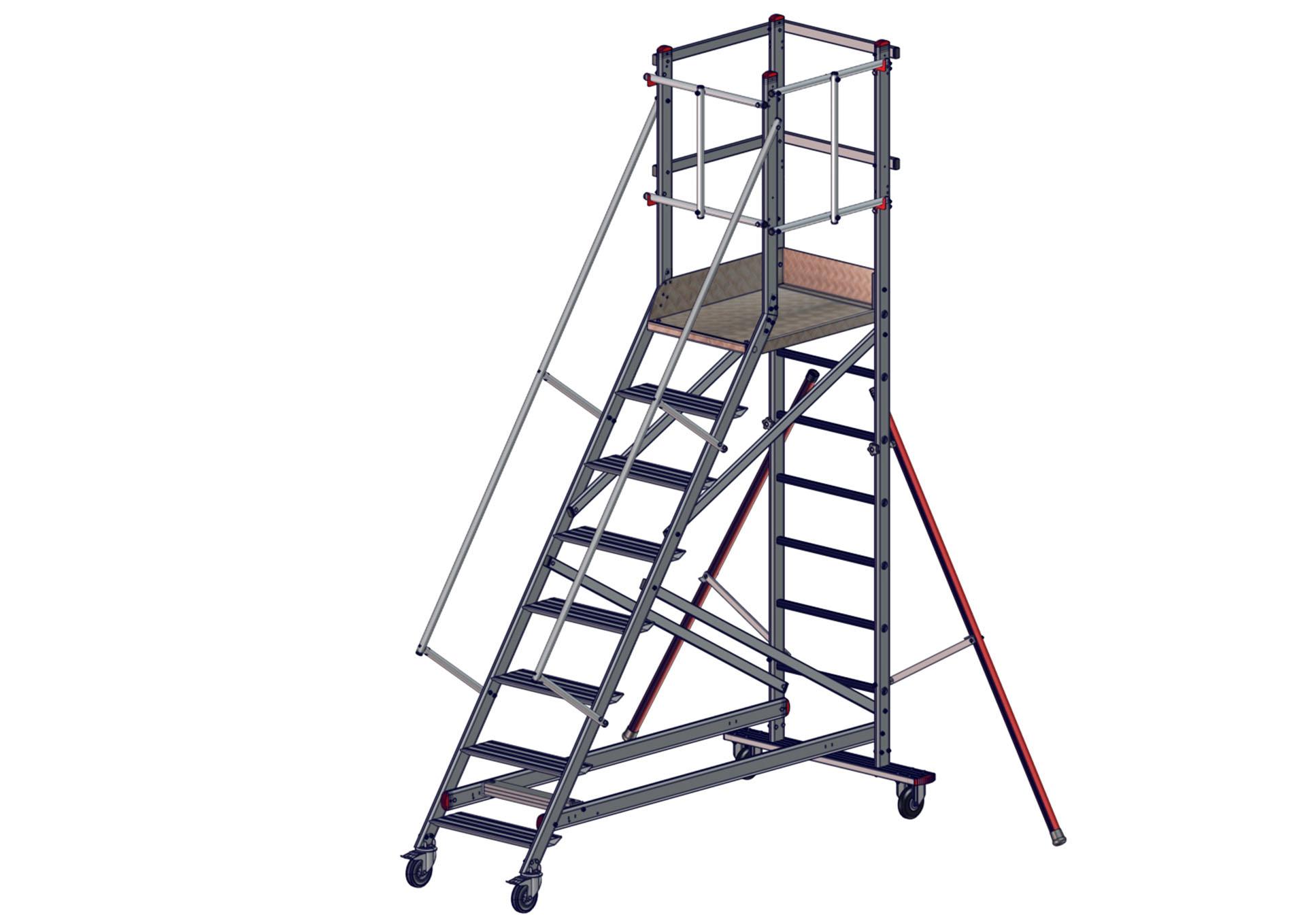 F051060008_EMG_55_8marches_SORTIE_DROITE_AVANT150121 Vue avant de l'escabeau EMG55 8 marches sortie droite