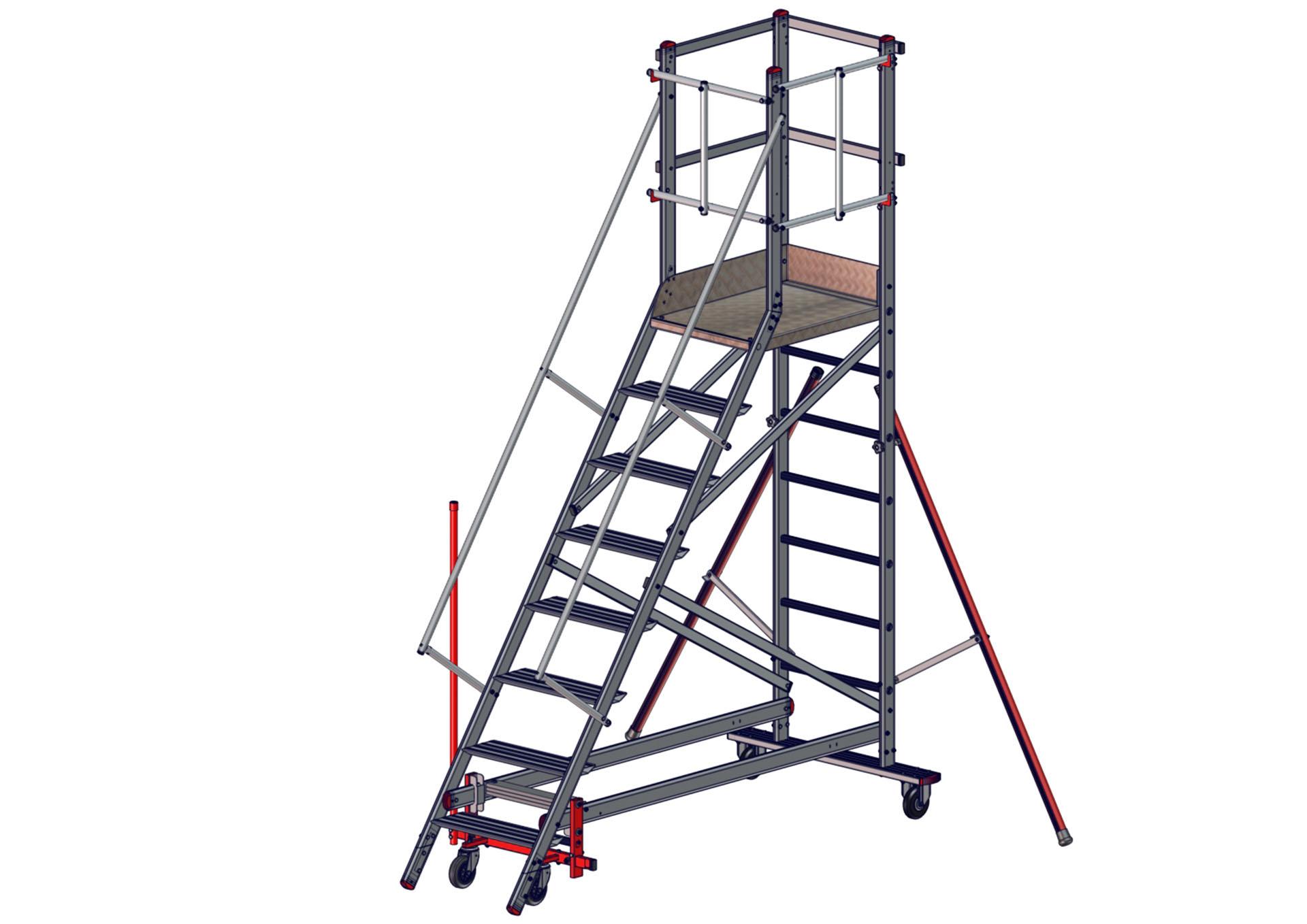 F051060008_EMG_55_8marches_SORTIE_DROITE_KIT_LEVIER150121 Vue de l'escabeau EMG55 8 marches sortie droite avec kit levier pour déplacements facilités