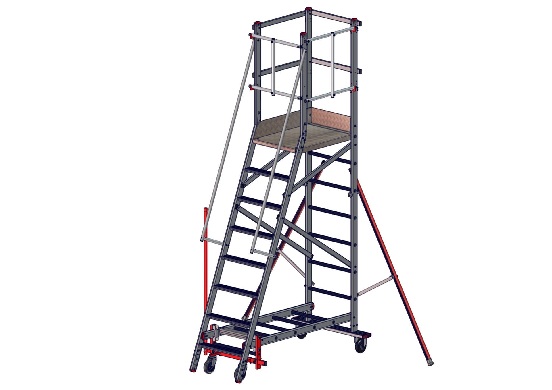 F052060008_EMG_68_8marches_SORTIE_DROITE_KIT_LEVIER150121 Vue de l'escabeau EMG68 8 marches sortie droite avec kit levier pour déplacements facilités