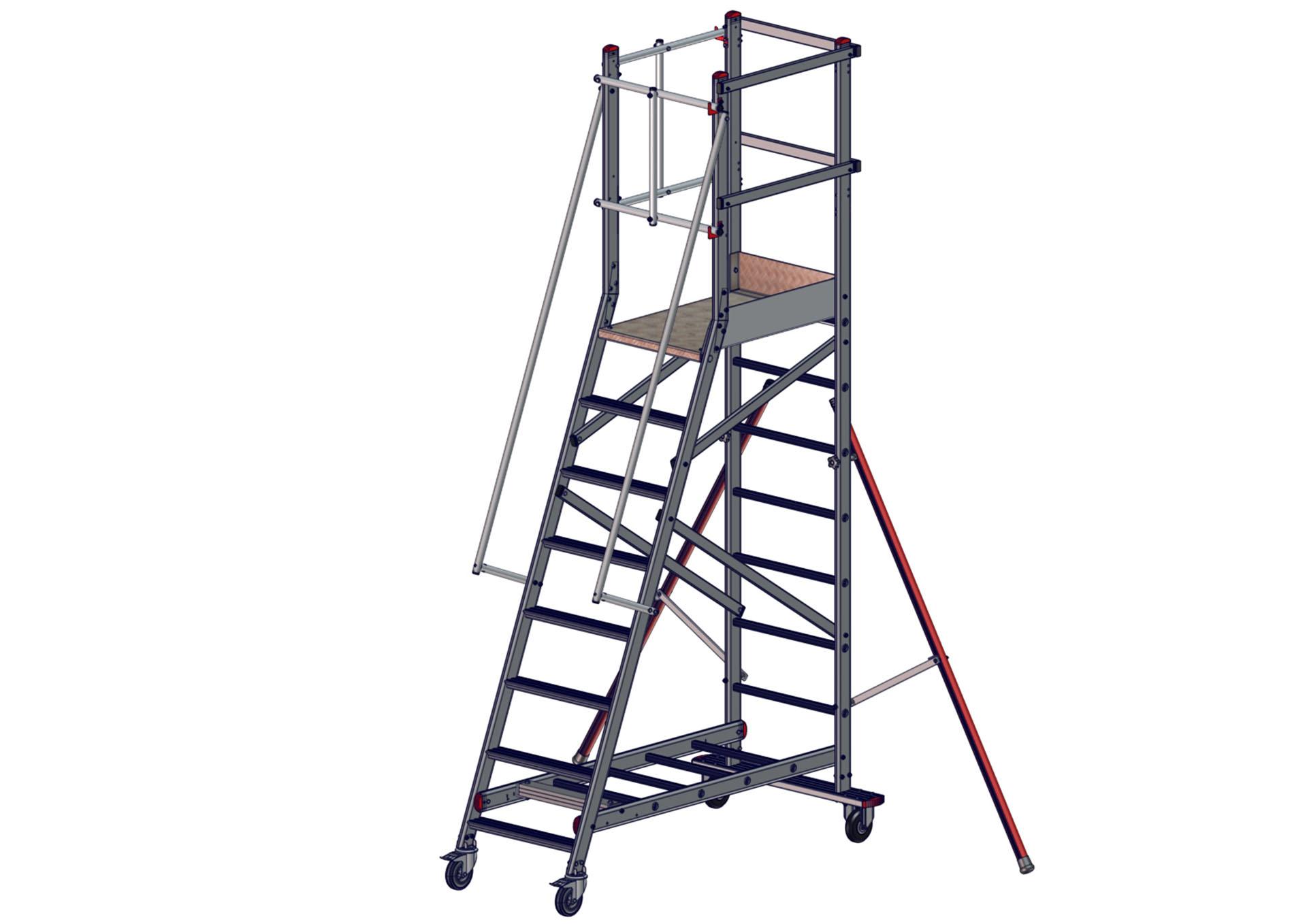 Vue avant de l'escabeau EMG68 sortie gauche 8 marches