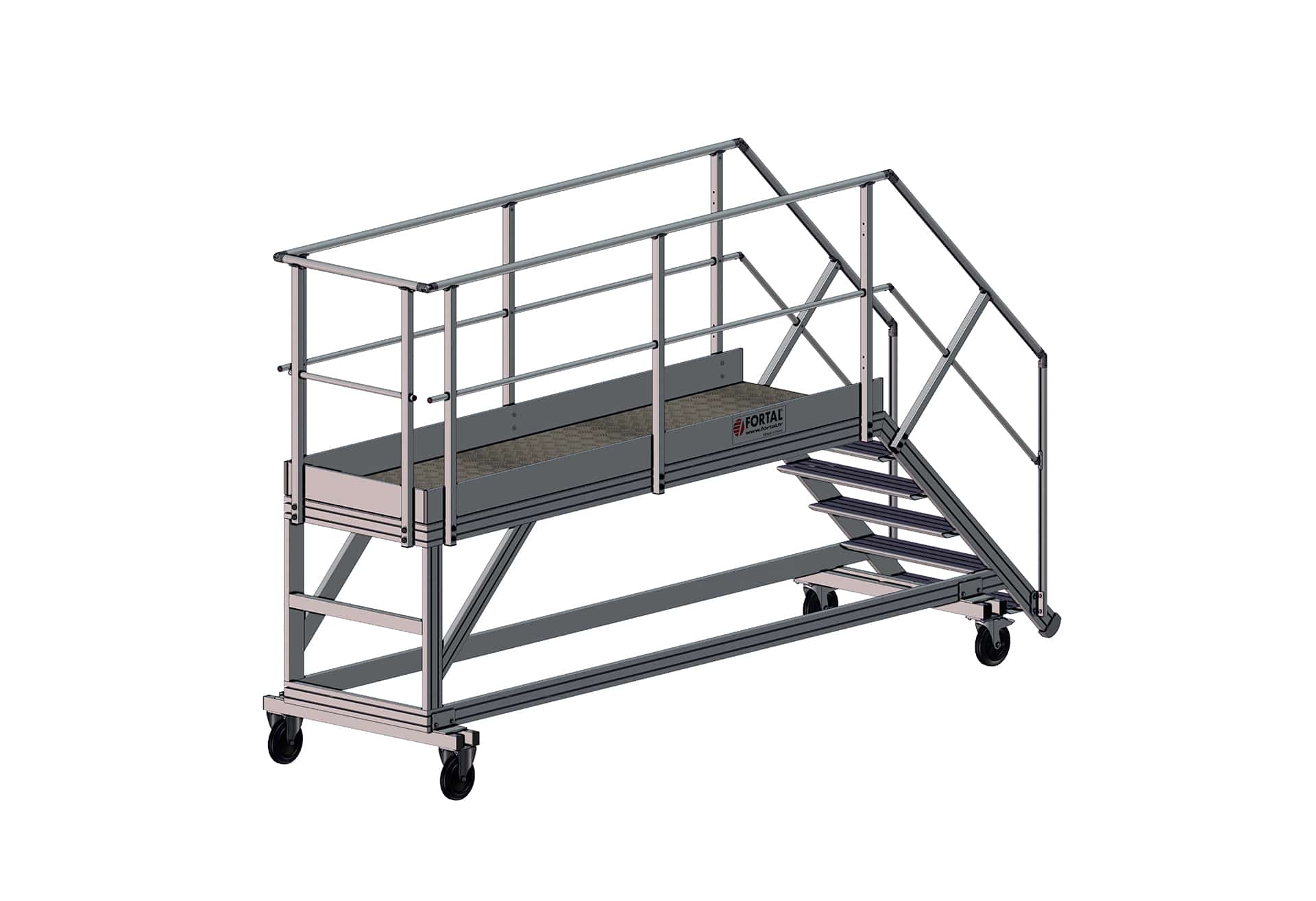 F801140014_ACCES_BENNES_ARRIERE Vues 3D arrière de l'accès bennes à déchets 6 marches long. 3 mètres