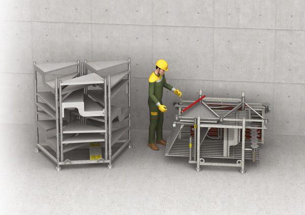 Vue 3D des berceaux de rangement pour l'escalier de chantier hexagonal