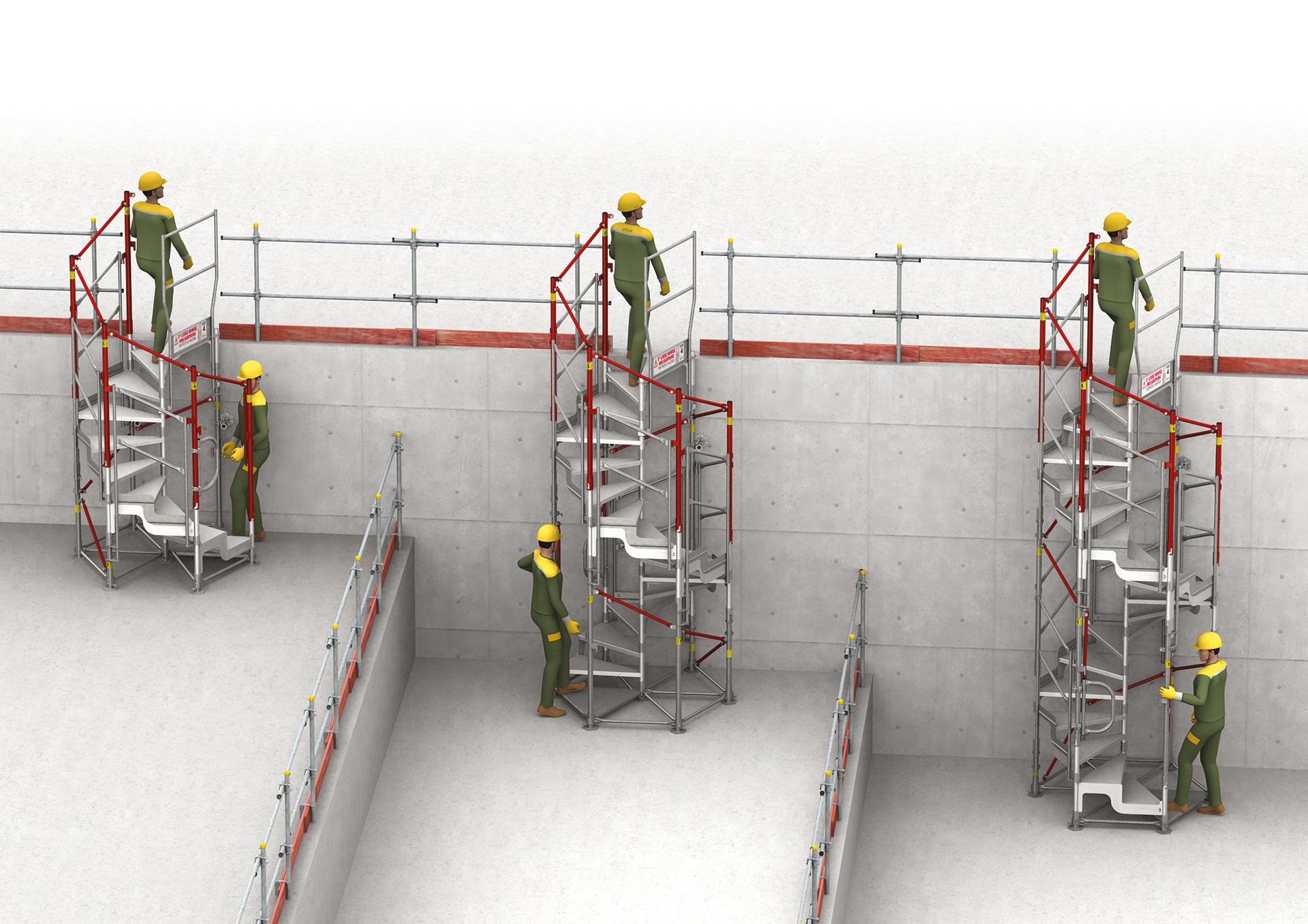 Vue 3D de l'escalier de chantier Hexagonal de trois hauteur différentes