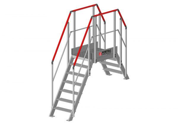 Escalier double accès égal et inégal inclinaison 60° (F814100175_060_060_ESCALIER_DOUBLE_INEGAL_60deg_4et7marches_larg600_ARRIERE) | Produits standards > Escaliers